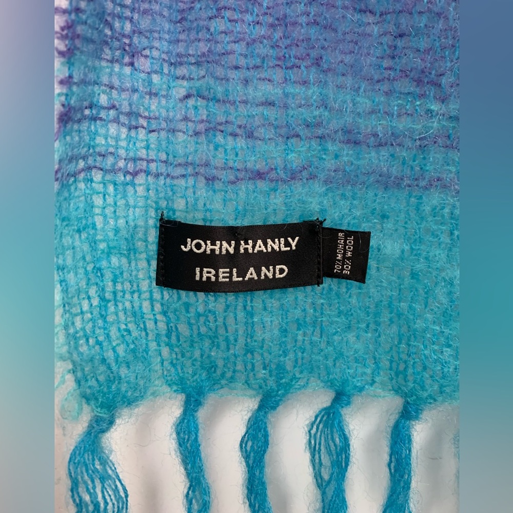 NWOT John Hanly Ireland Striped Blue & Purple Wool/Mohair Fringed Scarf - Picture 5 of 7